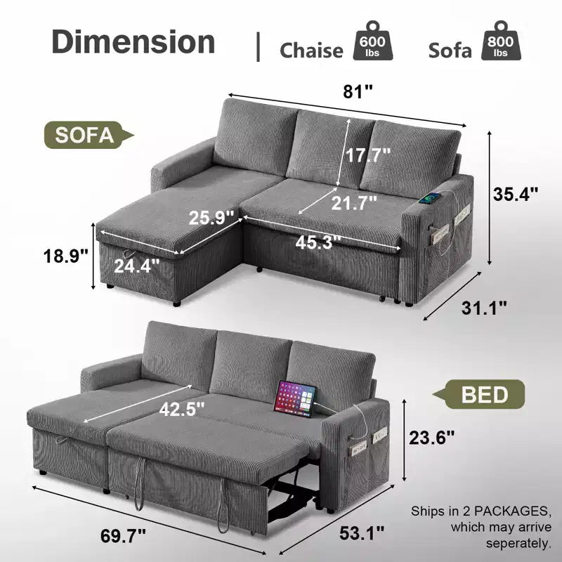 Divano Letto ad Angolo a L da 81" con Letto Estraibile e Chaise Longue Contenitore