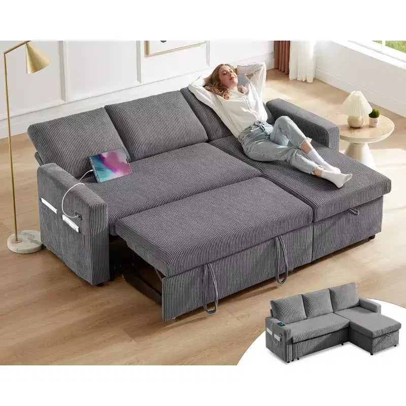 Divano Letto ad Angolo a L da 81" con Letto Estraibile e Chaise Longue Contenitore