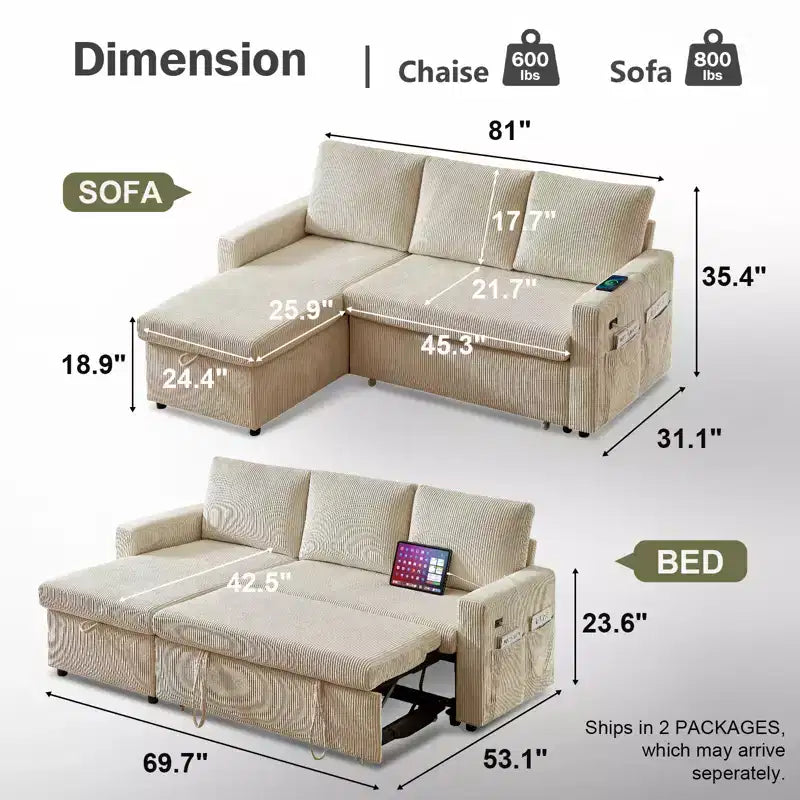 Divano Letto ad Angolo a L da 81" con Letto Estraibile e Chaise Longue Contenitore