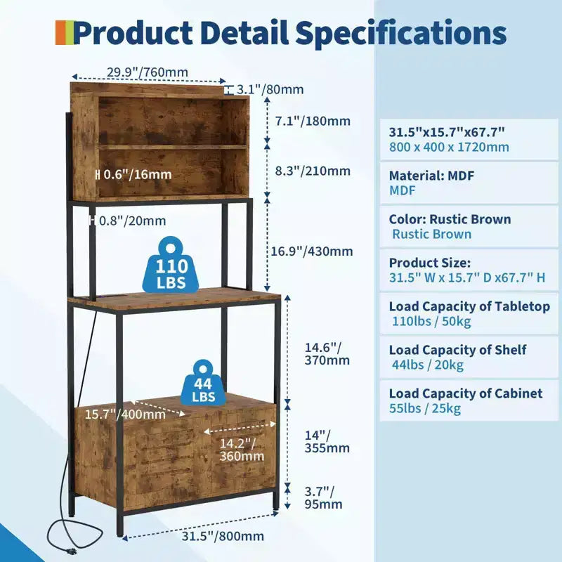 Scaffale da Panettiere a 5 Ripiani con Presa di Corrente – Mobile da Cucina Industriale