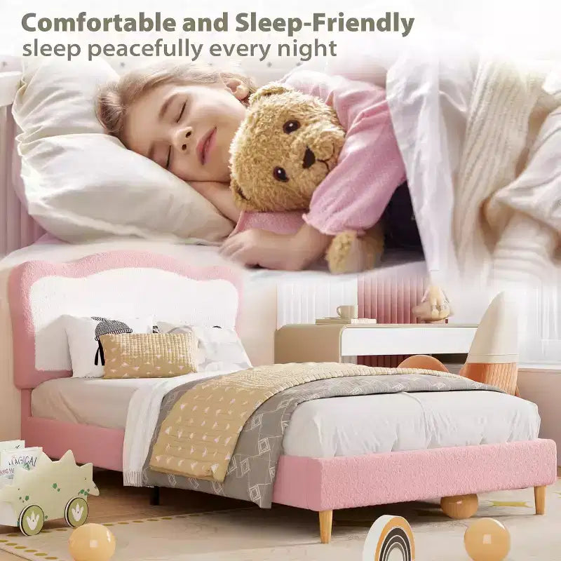 Struttura letto singolo imbottita per bambini con testiera a conchiglia