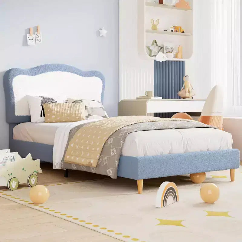 Struttura letto singolo imbottita per bambini con testiera a conchiglia