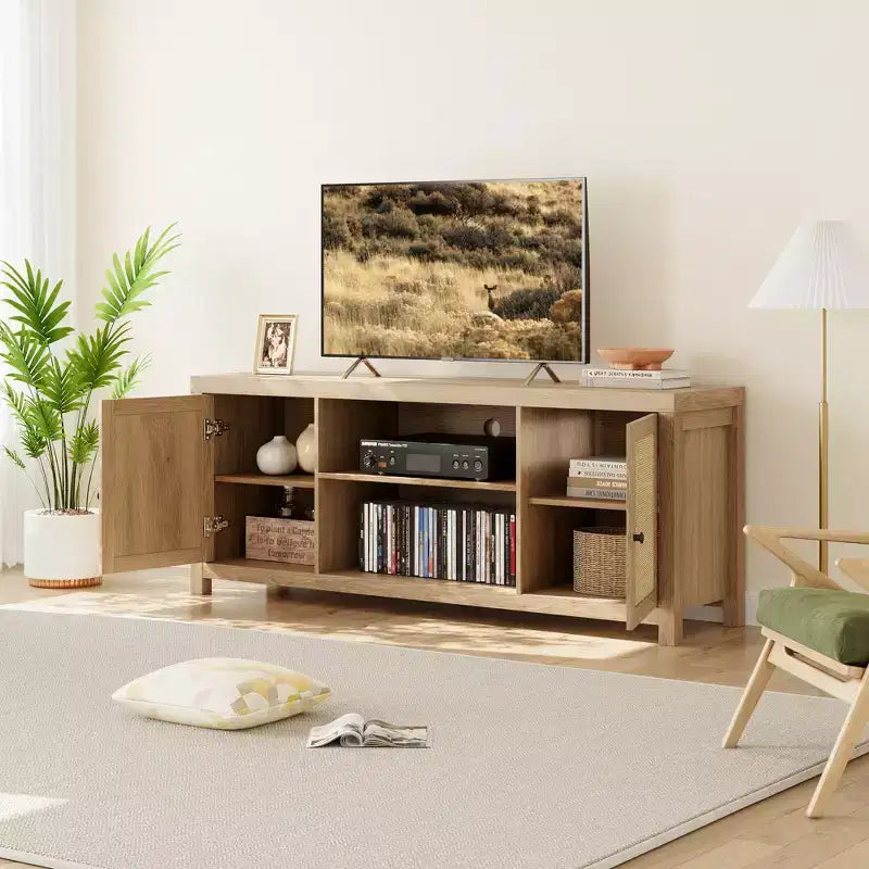 Mobile TV in Rattan con Ripiani Regolabili e Gestione Cavi