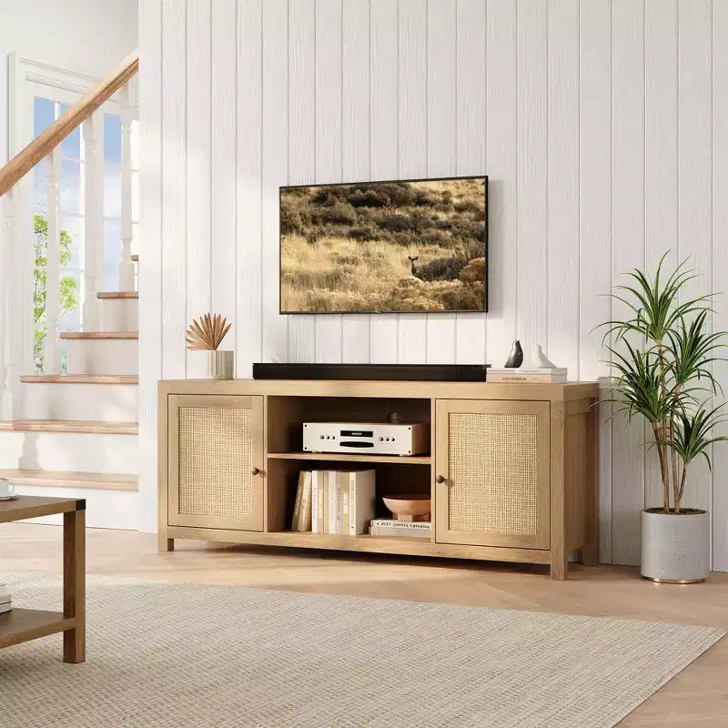Mobile TV in Rattan con Ripiani Regolabili e Gestione Cavi