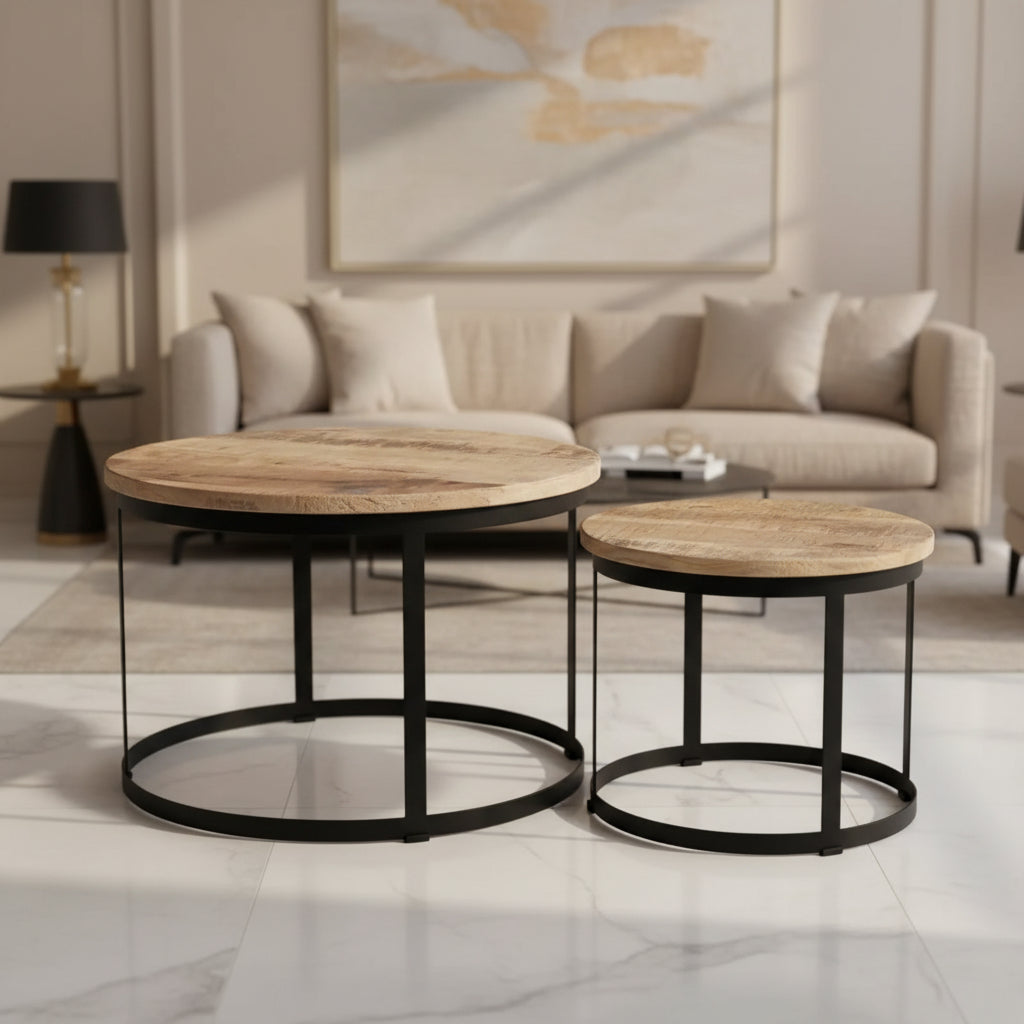 Coffee Table Brown and black Solid rough mango wood and iron