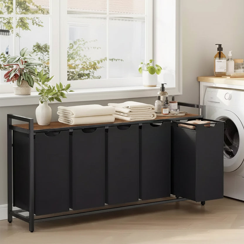 5-Bag Laundry Sorter Cart with Removable Washable Bags, 52.8 Gallon Capacity Rolling Hamper with Ventilated Shelf, Ink Black and Rustic Brown