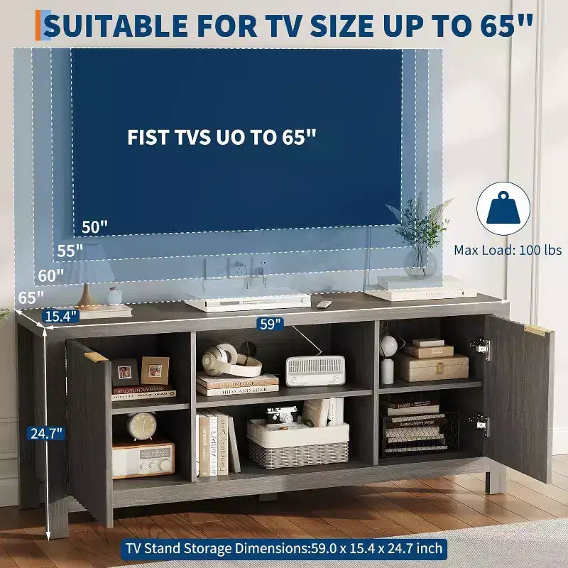 Mobile TV moderno di metà secolo con design a coste e contenitore