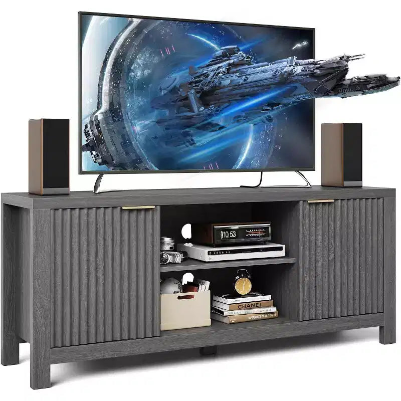 COZONY Mid Century Modern TV Stand with Fluted Design and Storage Cabinets, Entertainment Center with Open Shelves for Living Room