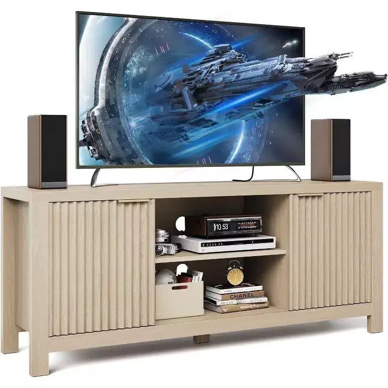 Mobile TV moderno di metà secolo con design a coste e contenitore