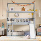 Twin Size House Bunk Bed with Slide, Kids Twin House Bed Frame with with Roof and Guardrails, Gray