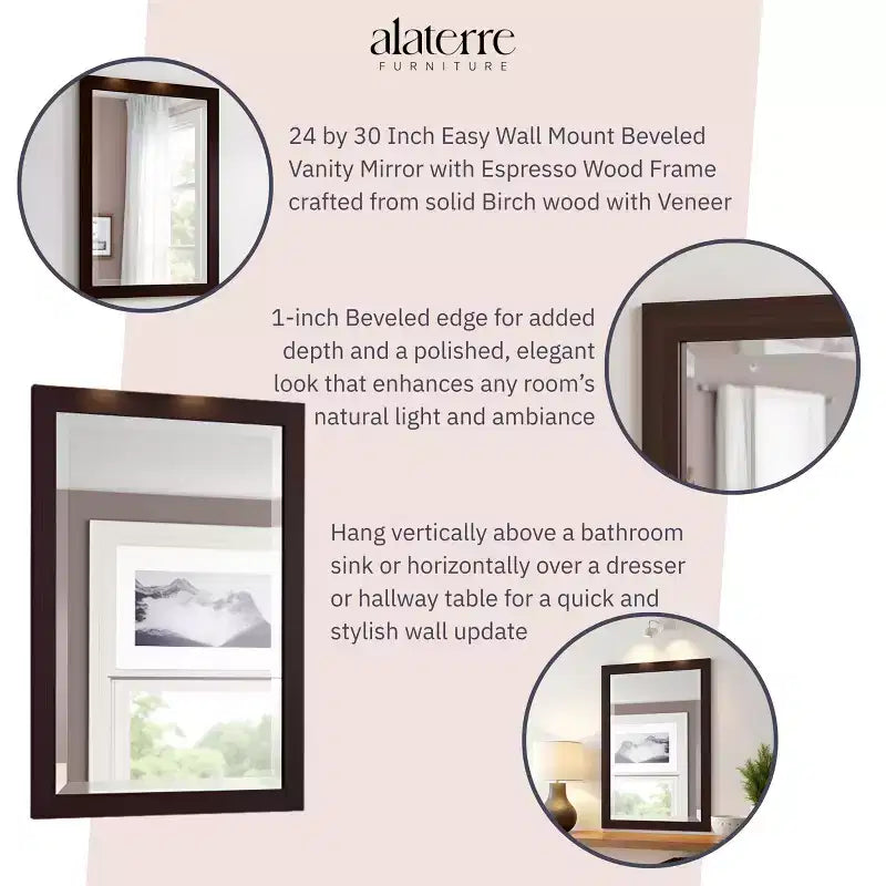 Specchio da bagno con cornice in legno e bordo smussato, 24x30 pollici