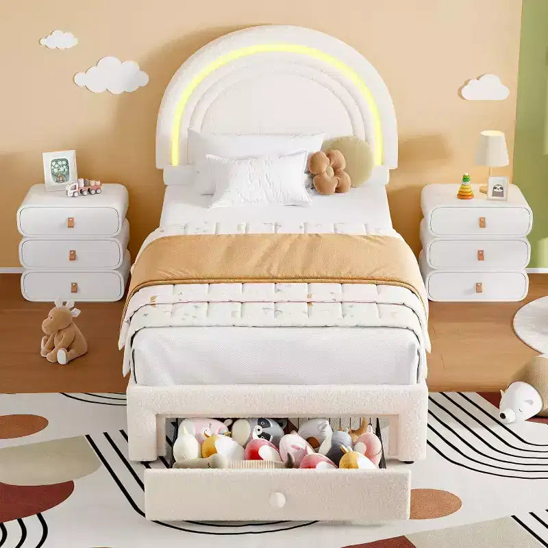 Struttura letto singola a LED con cassetto portaoggetti e testiera a forma di arcobaleno