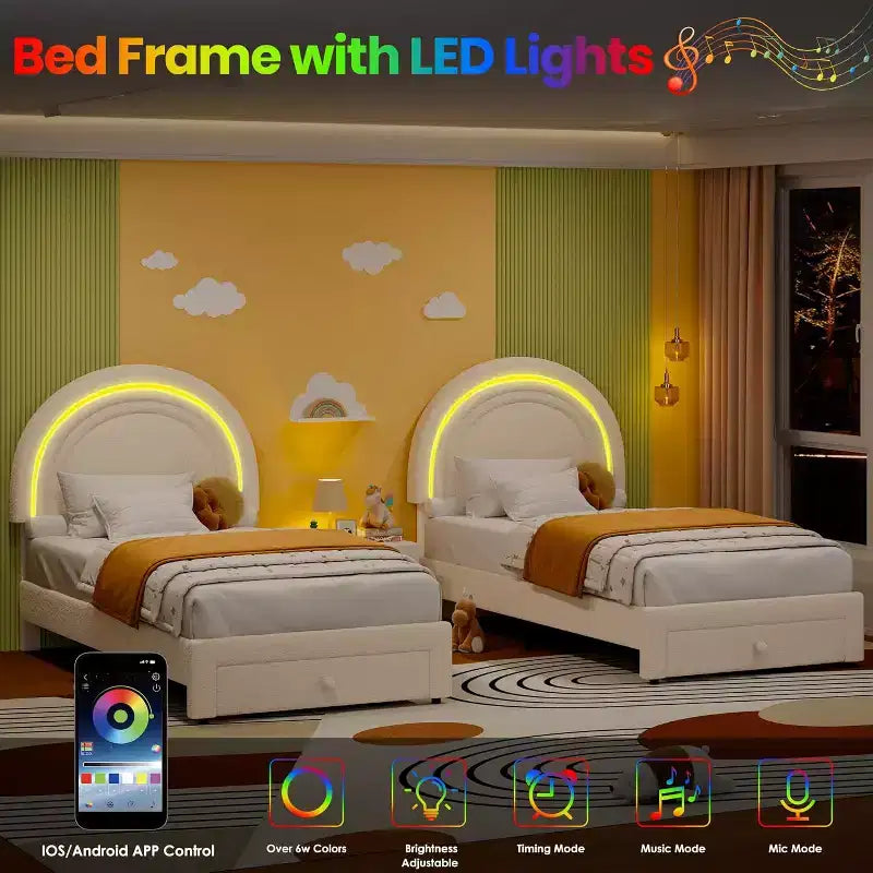 Struttura letto singola a LED con cassetto portaoggetti e testiera a forma di arcobaleno