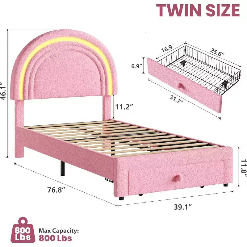 Struttura letto singola a LED con cassetto portaoggetti e testiera a forma di arcobaleno
