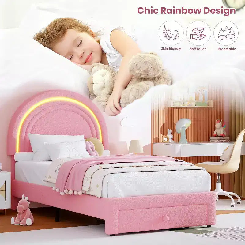 Struttura letto singola a LED con cassetto portaoggetti e testiera a forma di arcobaleno