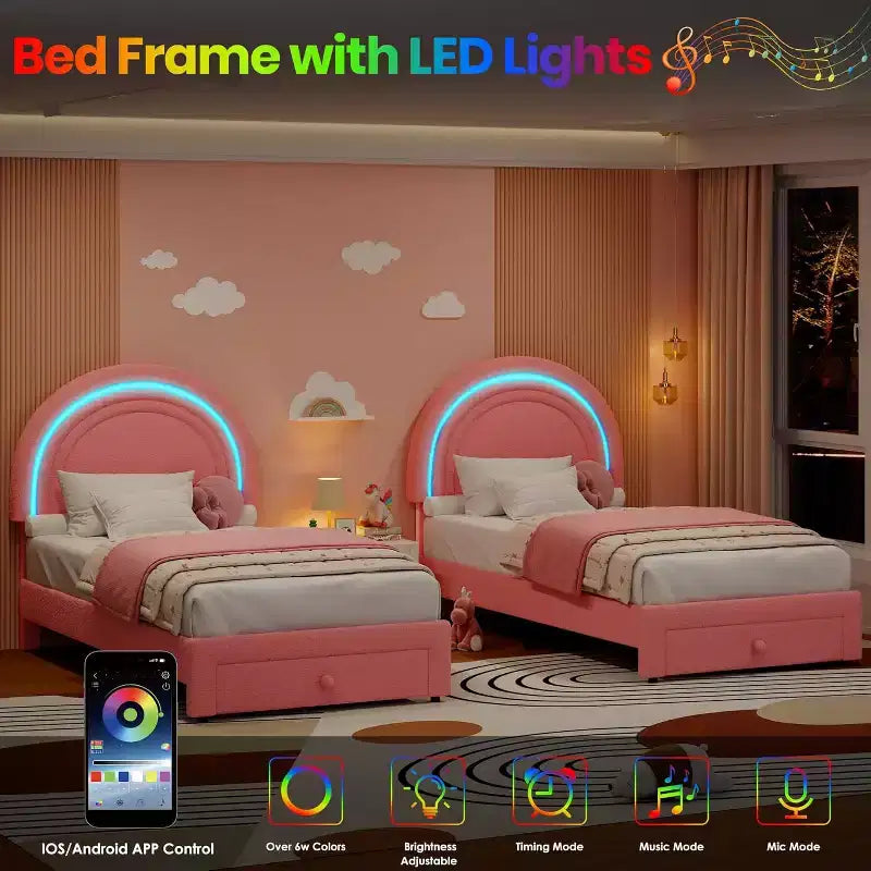 Struttura letto singola a LED con cassetto portaoggetti e testiera a forma di arcobaleno