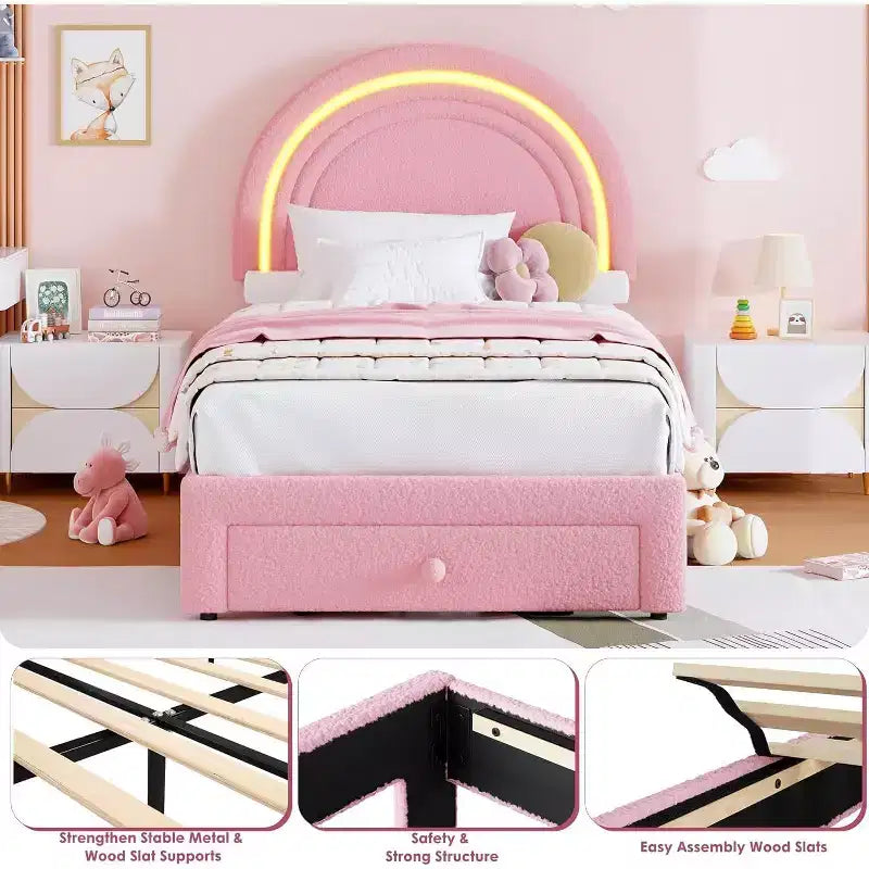 Struttura letto singola a LED con cassetto portaoggetti e testiera a forma di arcobaleno