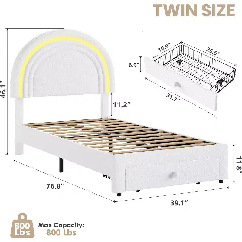 Struttura letto singola a LED con cassetto portaoggetti e testiera a forma di arcobaleno