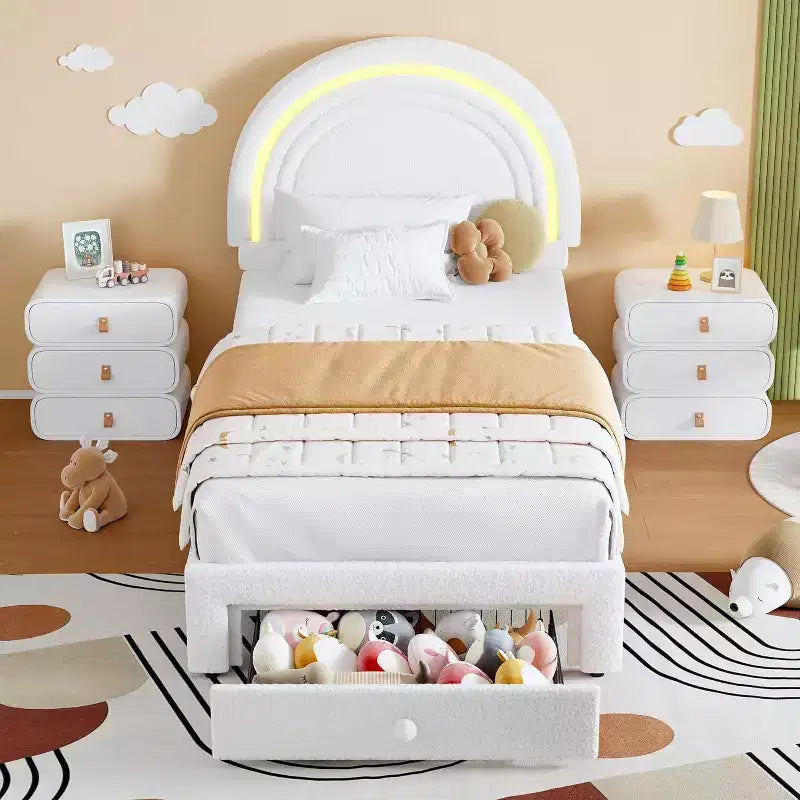 Struttura letto singola a LED con cassetto portaoggetti e testiera a forma di arcobaleno