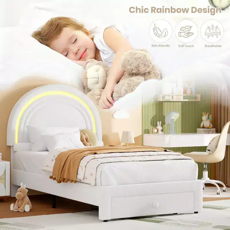 Struttura letto singola a LED con cassetto portaoggetti e testiera a forma di arcobaleno