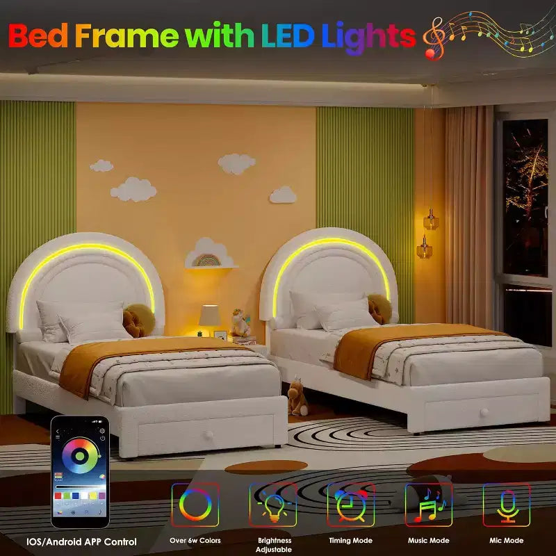 Struttura letto singola a LED con cassetto portaoggetti e testiera a forma di arcobaleno