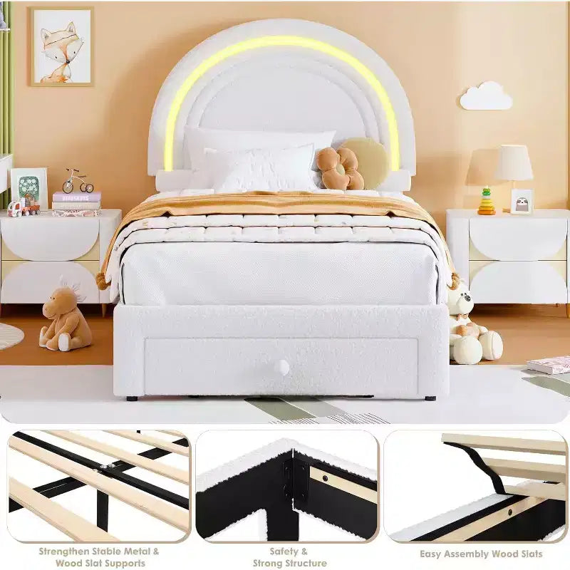 Struttura letto singola a LED con cassetto portaoggetti e testiera a forma di arcobaleno