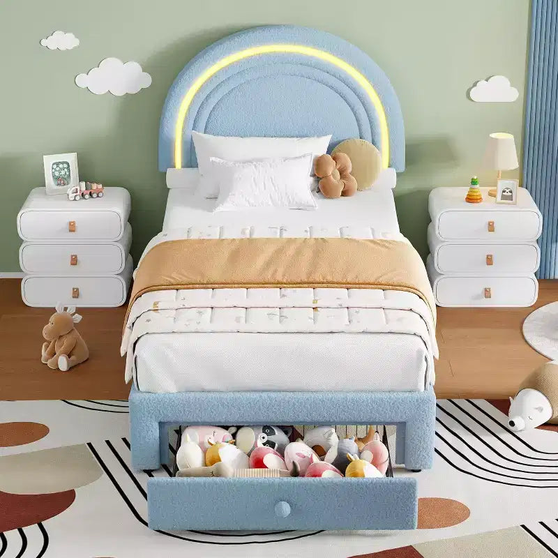 Struttura letto singola a LED con cassetto portaoggetti e testiera a forma di arcobaleno