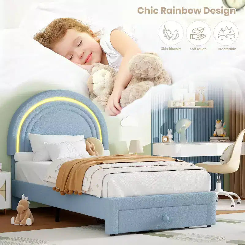 Struttura letto singola a LED con cassetto portaoggetti e testiera a forma di arcobaleno