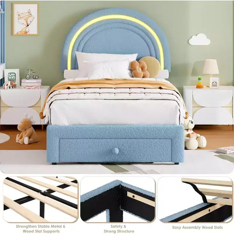 Struttura letto singola a LED con cassetto portaoggetti e testiera a forma di arcobaleno
