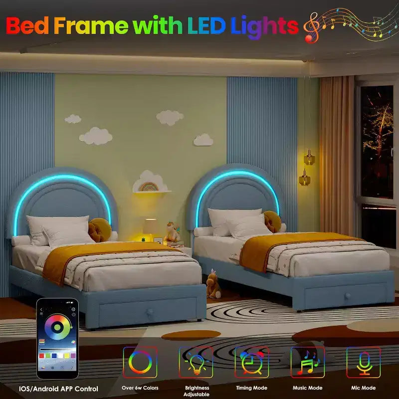 Struttura letto singola a LED con cassetto portaoggetti e testiera a forma di arcobaleno