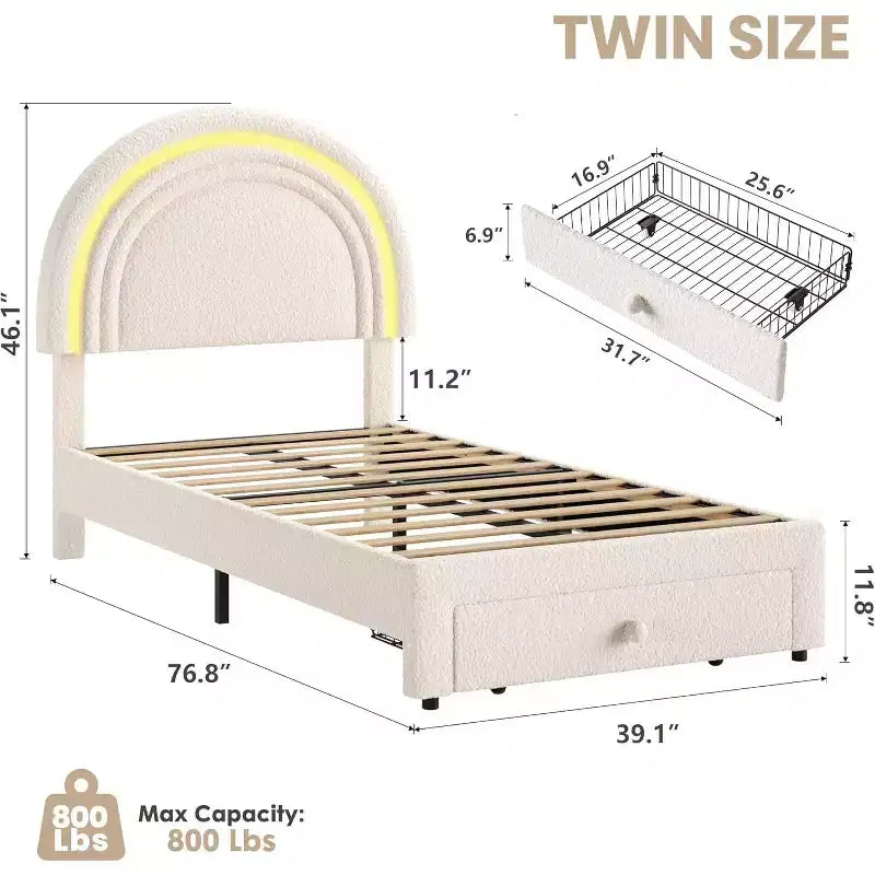 Struttura letto singola a LED con cassetto portaoggetti e testiera a forma di arcobaleno