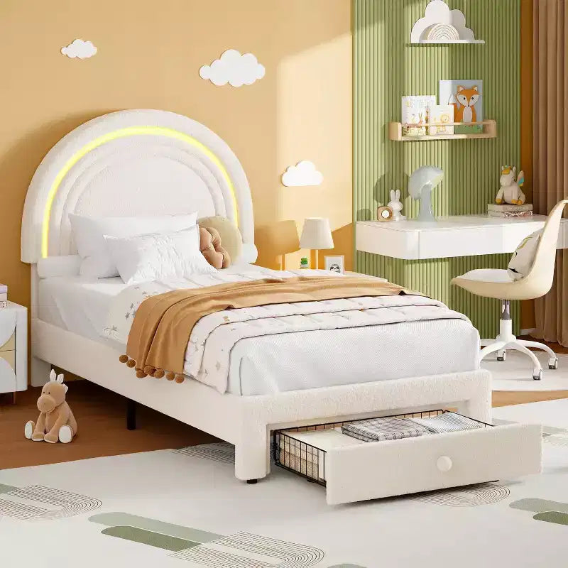 Struttura letto singola a LED con cassetto portaoggetti e testiera a forma di arcobaleno