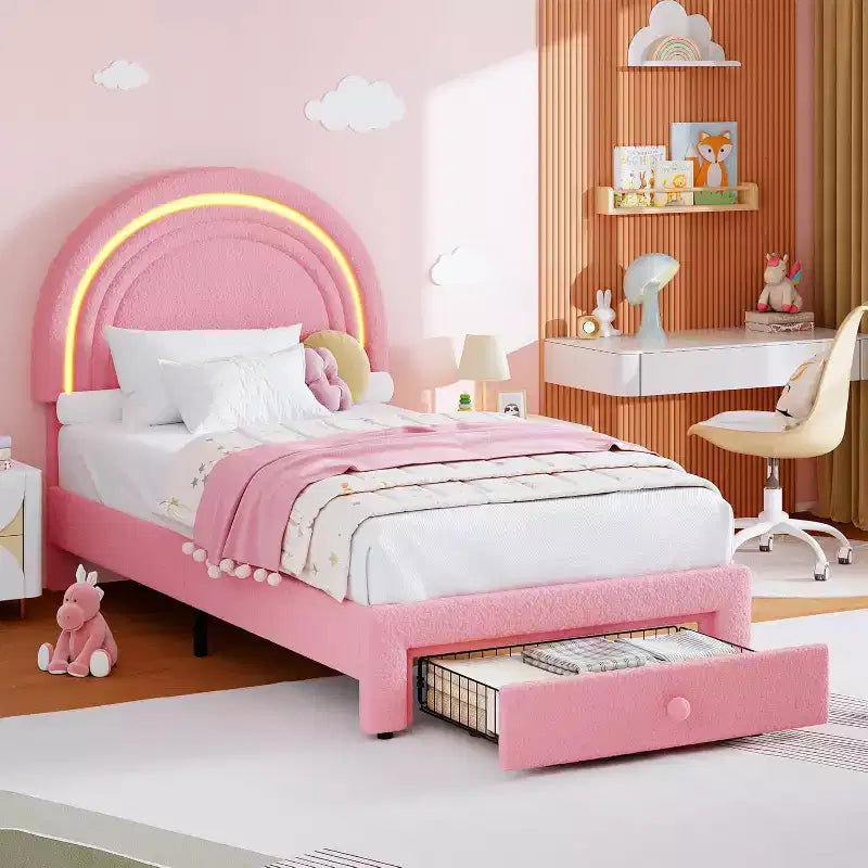 Struttura letto singola a LED con cassetto portaoggetti e testiera a forma di arcobaleno