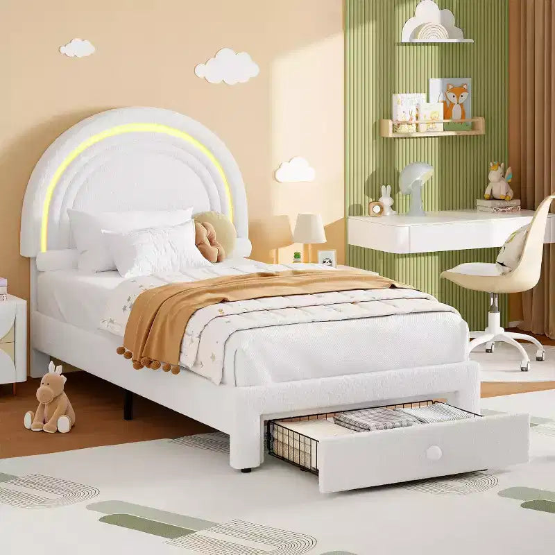 Struttura letto singola a LED con cassetto portaoggetti e testiera a forma di arcobaleno