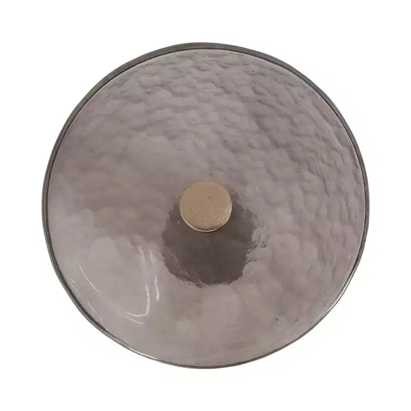 Tavolino rotondo in vetro con base in metallo