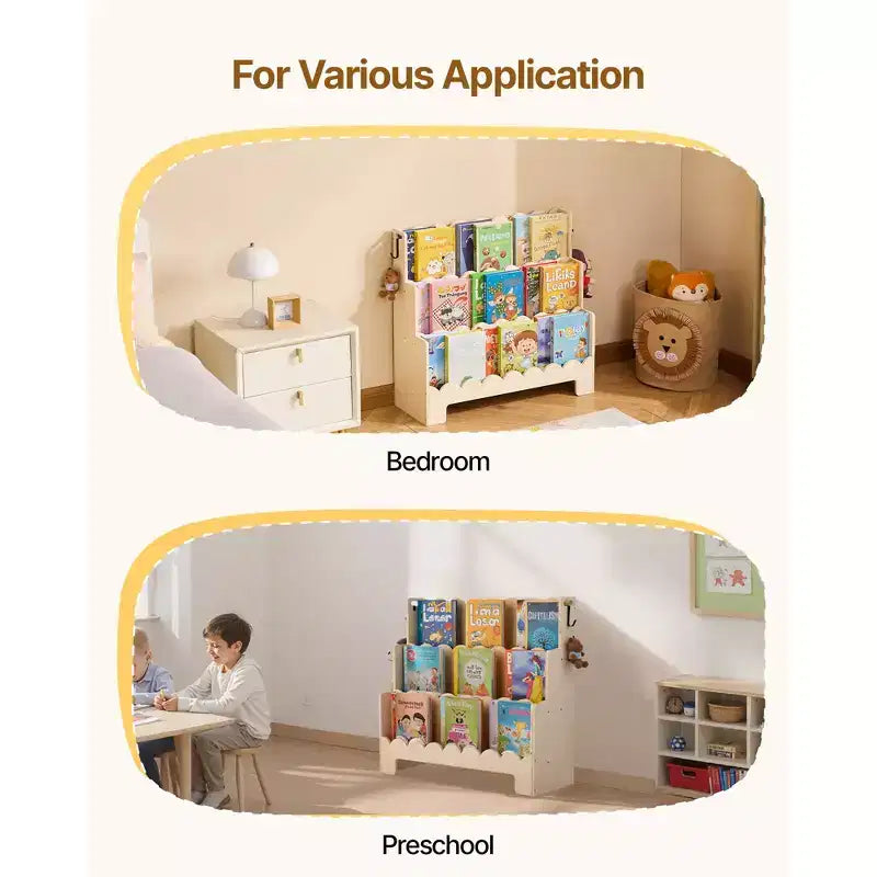 Libreria per bambini a 3 ripiani smerlati con doppi ganci – Marrone