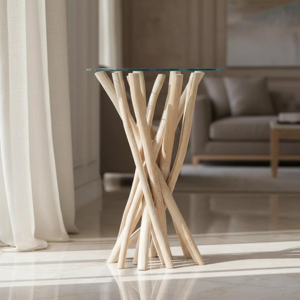 Tavolino rotondo in teak con ripiano in vetro