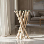 Tavolino rotondo in teak con ripiano in vetro
