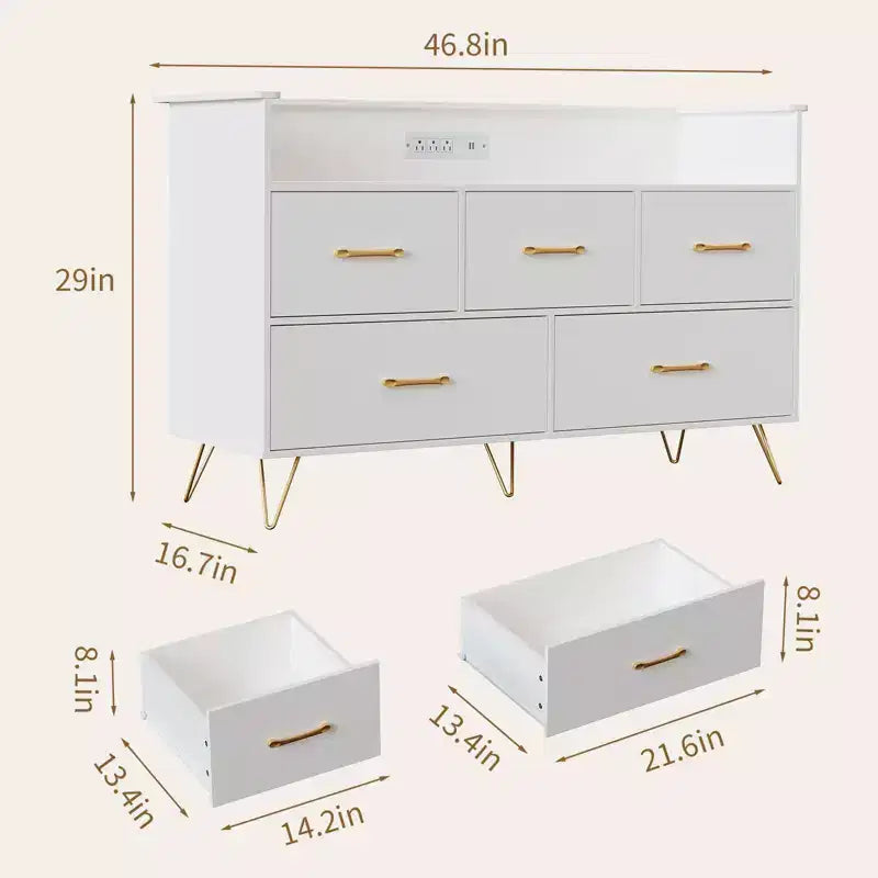 Comodino a 5 cassetti con luci LED e stazione di ricarica, armadio portaoggetti da camera da letto largo 47 pollici