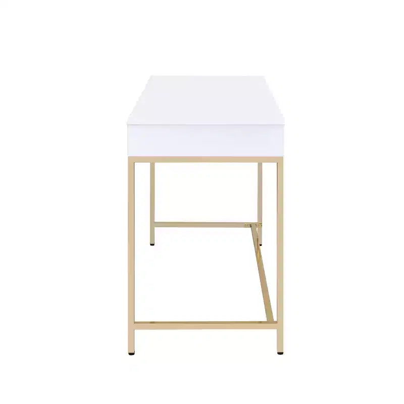 Scrivania 2 cassetti – Piano Bianco Lucido e Gambe in Metallo Dorato
