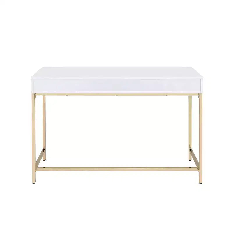 Scrivania 2 cassetti – Piano Bianco Lucido e Gambe in Metallo Dorato
