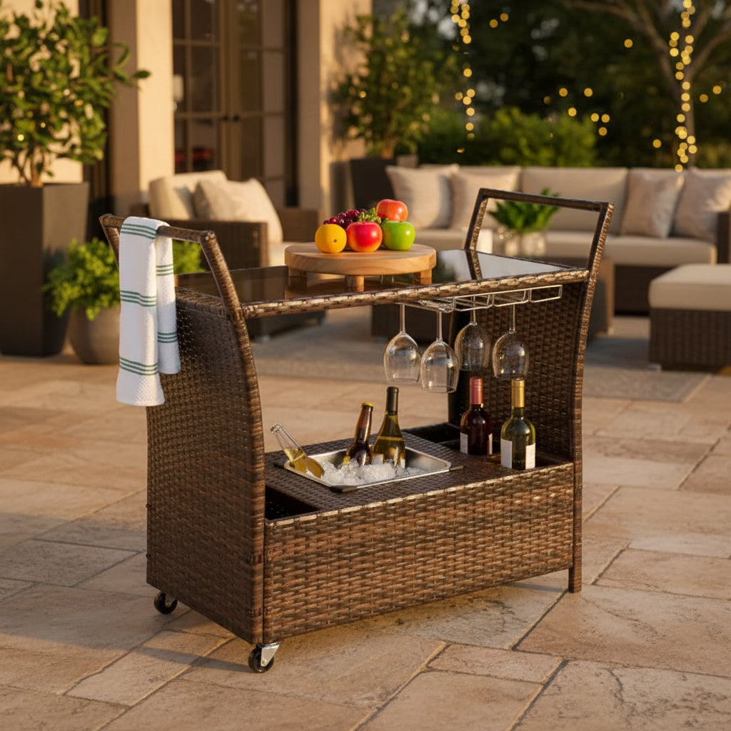 Best Choice Products Wicker Outdoor Rolling Bar Cart w/ Ice Bucket, Glass Countertop, Glass Holders, Storage - Brown