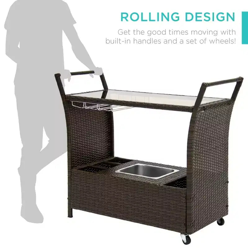 Carrello Bar Mobile da Esterno in Vimini con Secchiello Ghiaccio e Piano in Vetro – Marrone