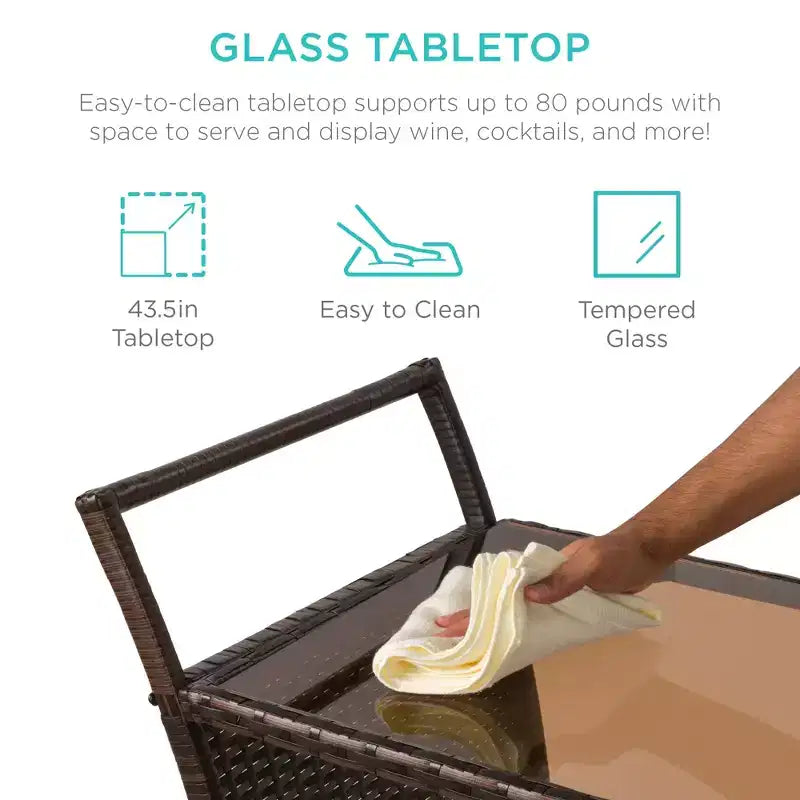 Carrello Bar Mobile da Esterno in Vimini con Secchiello Ghiaccio e Piano in Vetro – Marrone