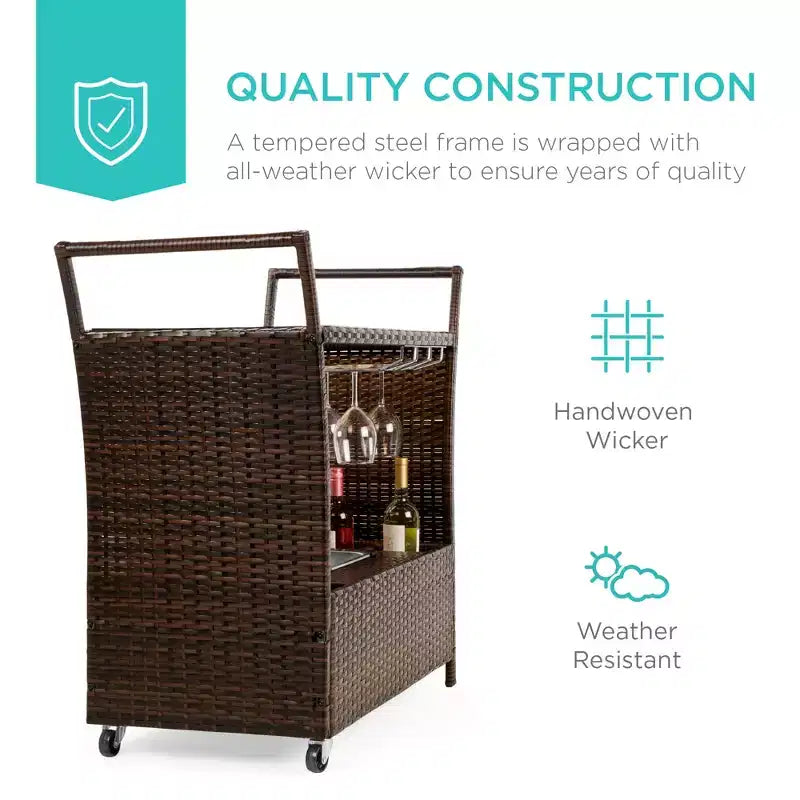 Carrello Bar Mobile da Esterno in Vimini con Secchiello Ghiaccio e Piano in Vetro – Marrone