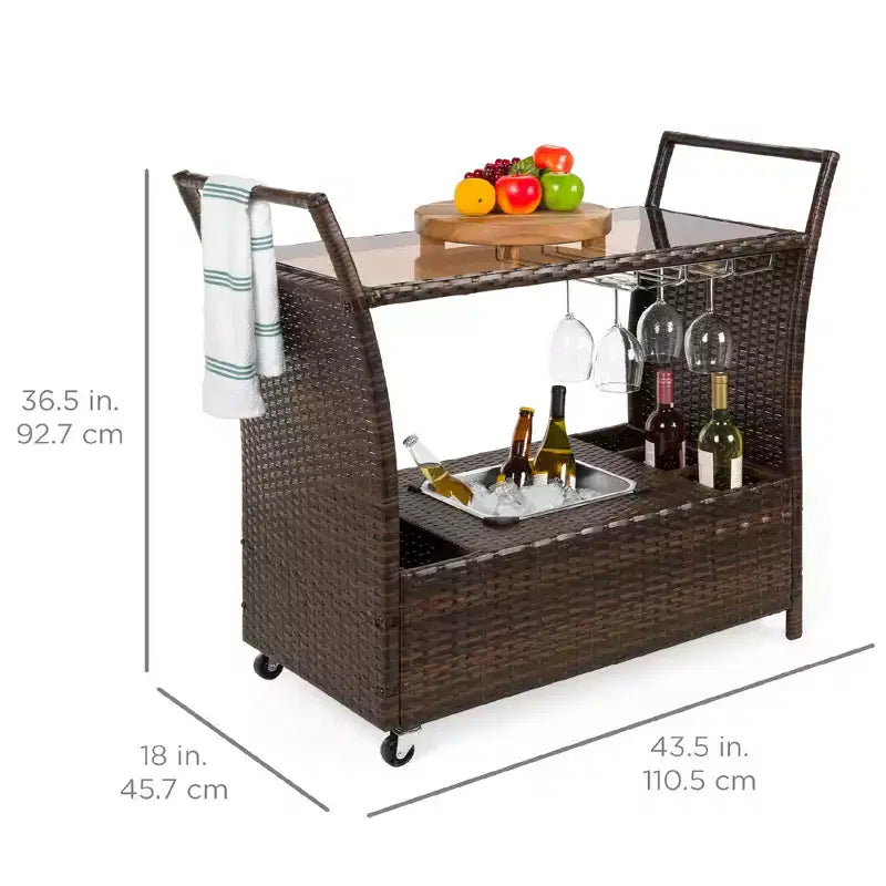 Carrello Bar Mobile da Esterno in Vimini con Secchiello Ghiaccio e Piano in Vetro – Marrone