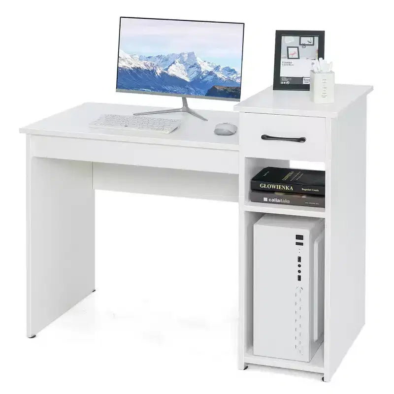 Scrivania per computer con cassetto e ripiano – Bianca