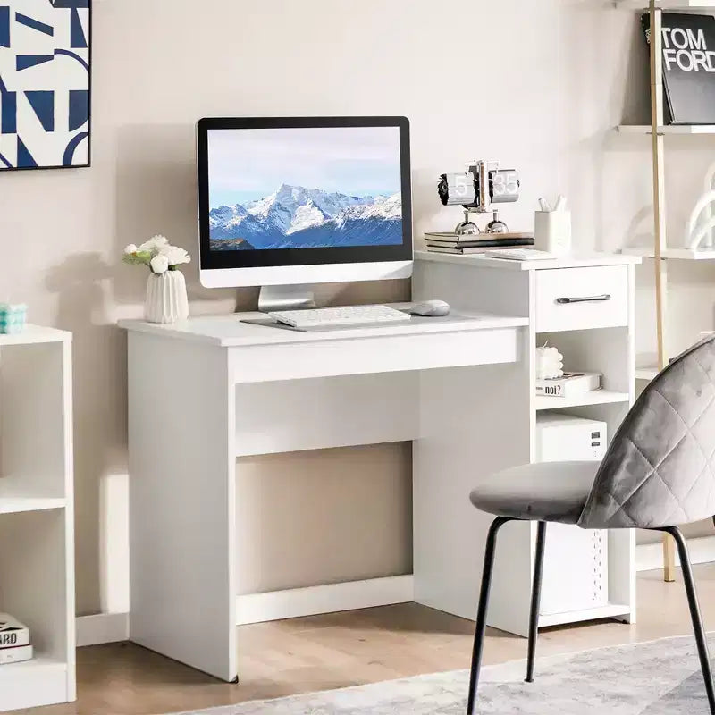Scrivania per computer con cassetto e ripiano – Bianca