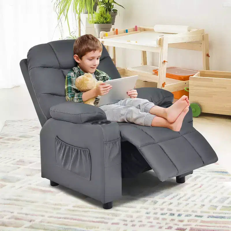 Poltrona reclinabile per bambini e ragazzi con portabicchieri e tasche laterali – Ecopelle