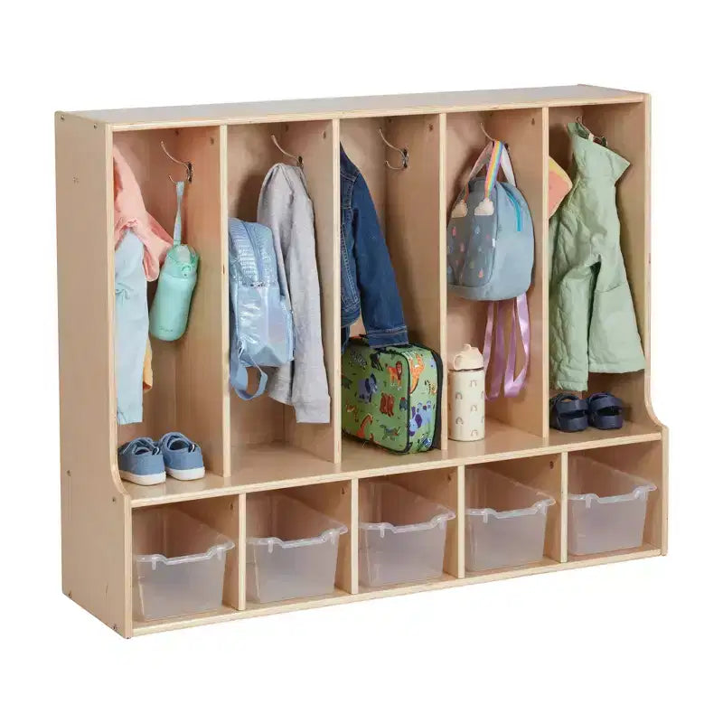 Appendiabiti a 5 scomparti per bambini con panca e contenitori
